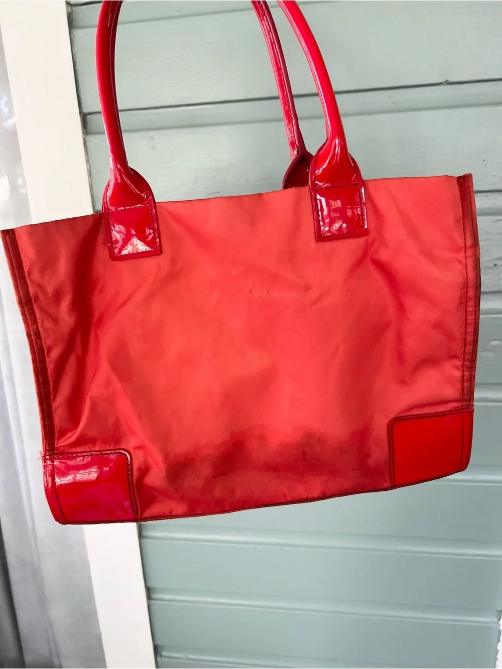 Tory Burch orange Ella tote bag shoulder purse nylon patent leather fall play